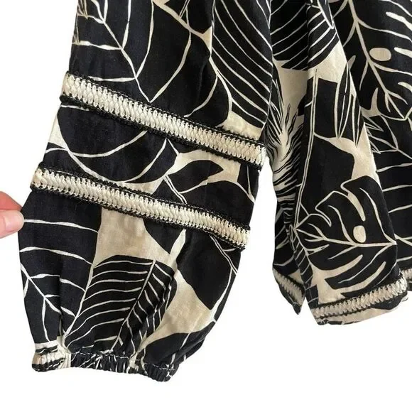 New Cynthia Rowley Anthropologie Black Creme Linen Leaf Print Top Women’s Sz XL - Picture 4 of 5